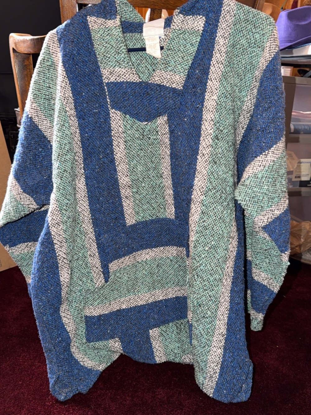 Vintage Senor Lopez Baja Men's Blue and Teal Striped Knit Sweater Muy Grande